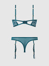 Nova Blacklight Glow Lace Bra & Gartered Thong Set Jaded Blue