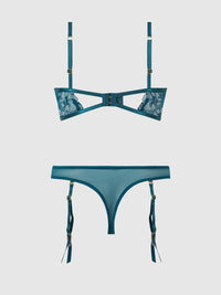 Nova Blacklight Glow Lace Bra & Gartered Thong Set Jaded Blue