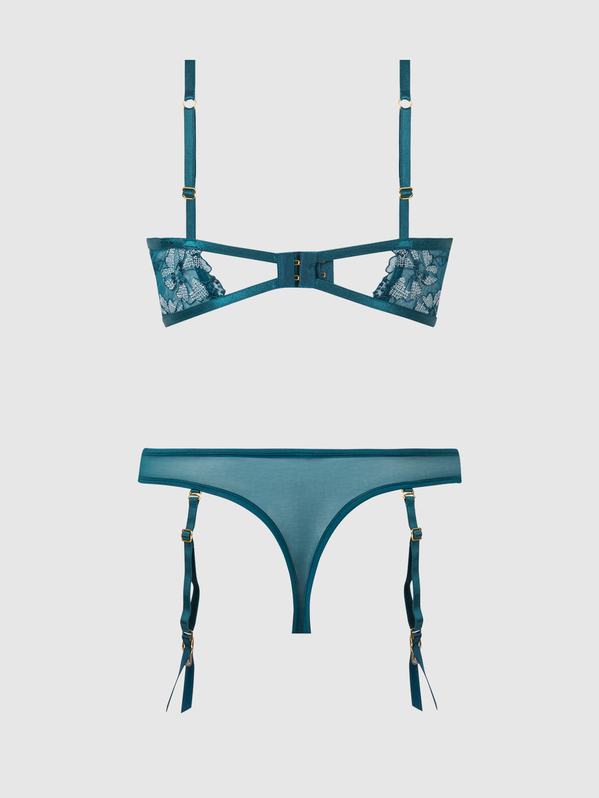 Nova Blacklight Glow Lace Bra & Gartered Thong Set Jaded Blue
