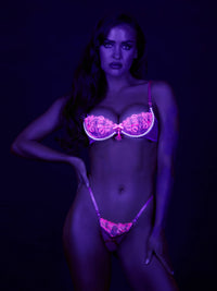 Nova Blacklight Glow Lace Pearl Bra & Crotchless G-String Set Pink Dragon