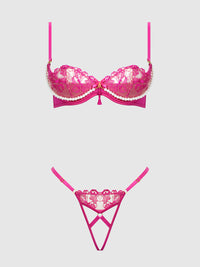 Nova Blacklight Glow Lace Pearl Bra & Crotchless G-String Set Pink Dragon