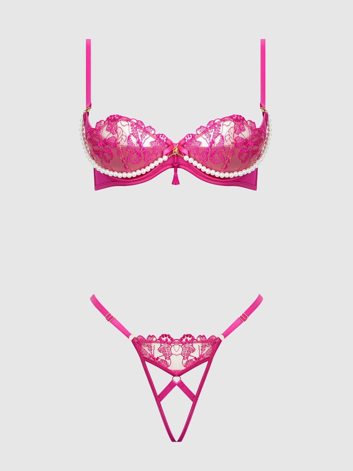 Nova Blacklight Glow Lace Pearl Bra & Crotchless G-String Set Pink Dragon