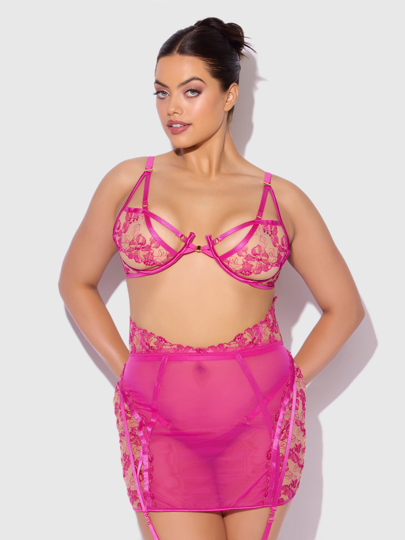 Nova Blacklight Glow Lace Bra, Skirt & G-String Set Pink Dragon
