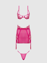 Nova Blacklight Glow Lace Bra, Skirt & G-String Set Pink Dragon