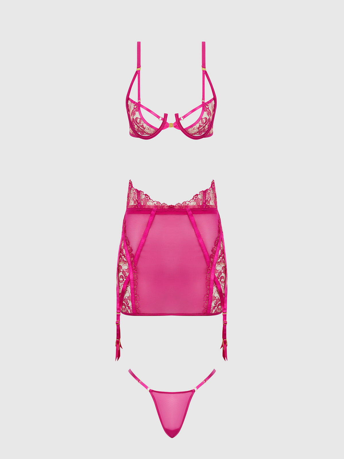 Nova Blacklight Glow Lace Bra, Skirt & G-String Set Pink Dragon