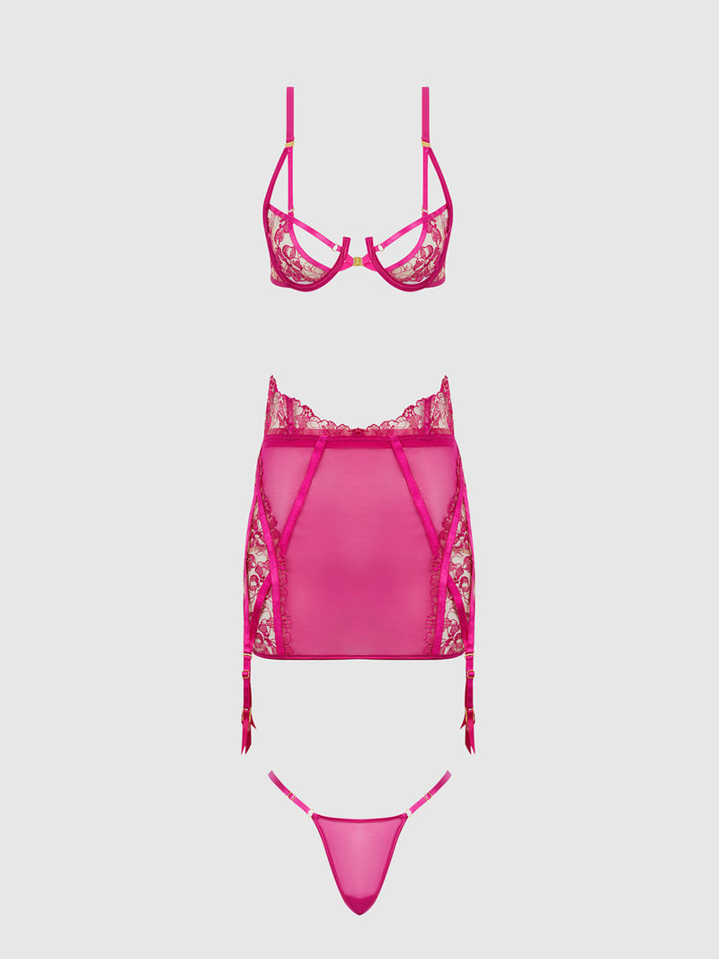 Nova Blacklight Glow Lace Bra, Skirt & G-String Set Pink Dragon