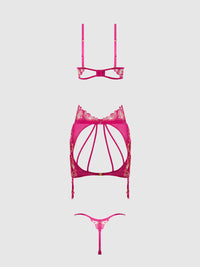 Nova Blacklight Glow Lace Bra, Skirt & G-String Set Pink Dragon