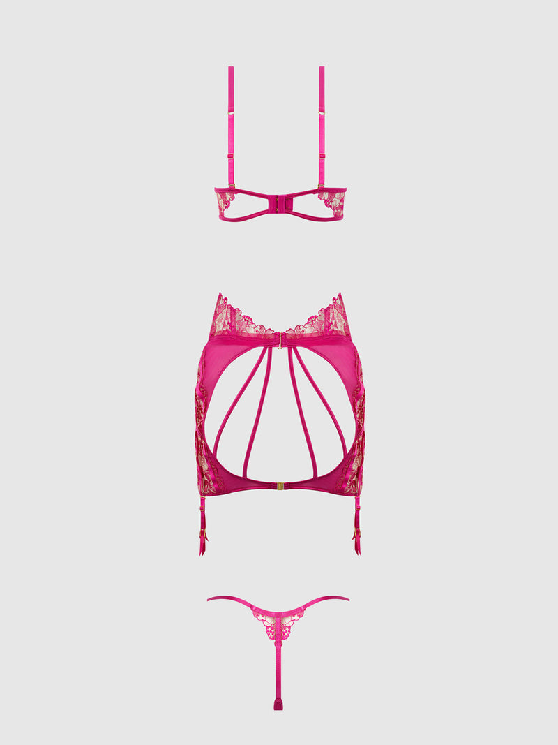 Nova Blacklight Glow Lace Bra, Skirt & G-String Set Pink Dragon