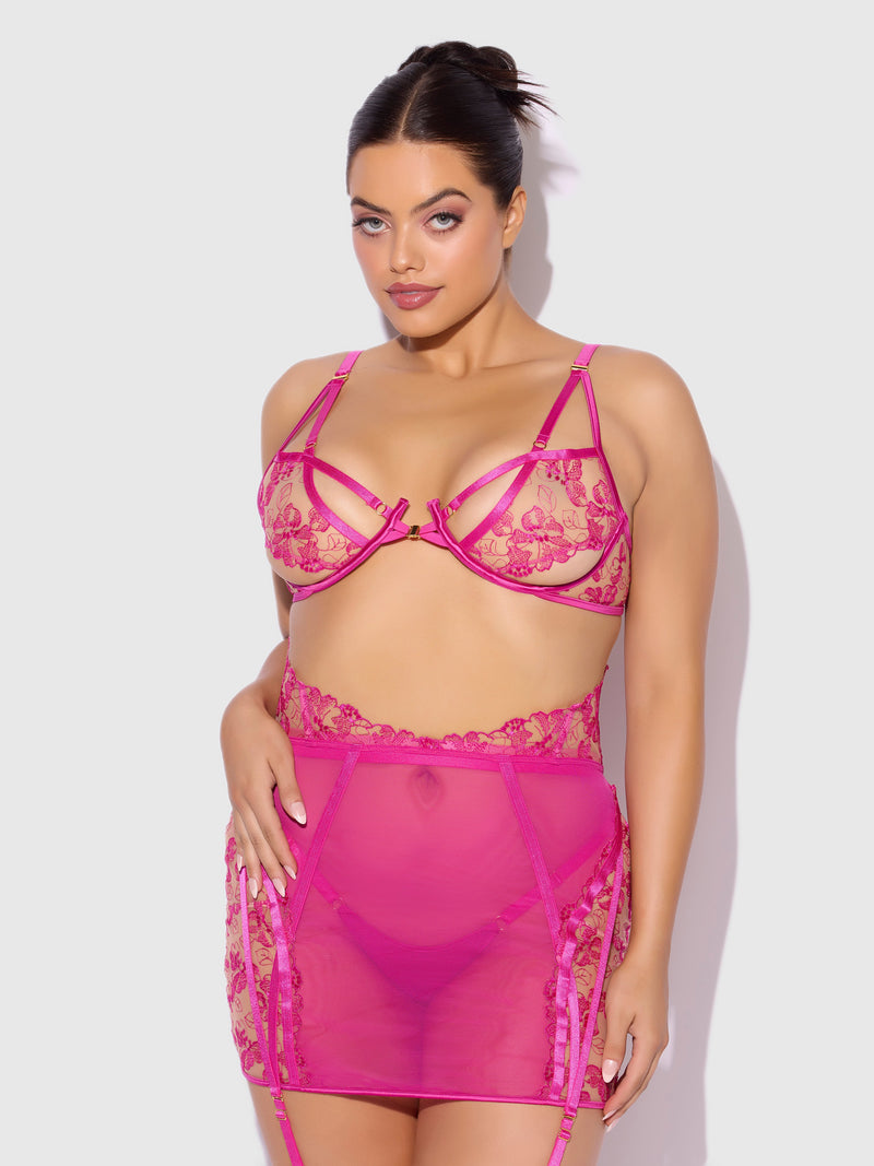 Nova Blacklight Glow Lace Bra, Skirt & G-String Set Pink Dragon