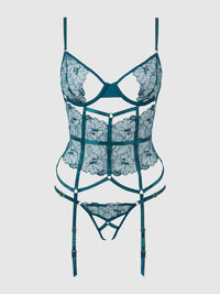 Nova Blacklight Glow Lace Corset & Thong Set Jaded Blue