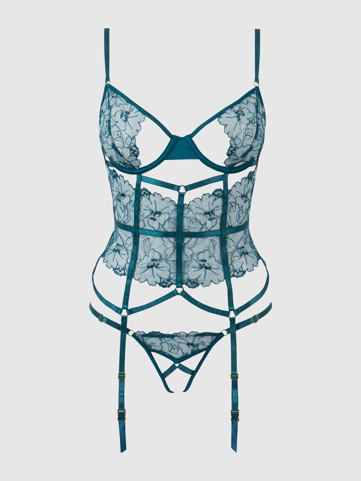 Nova Blacklight Glow Lace Corset & Thong Set Jaded Blue