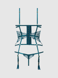 Nova Blacklight Glow Lace Corset & Thong Set Jaded Blue