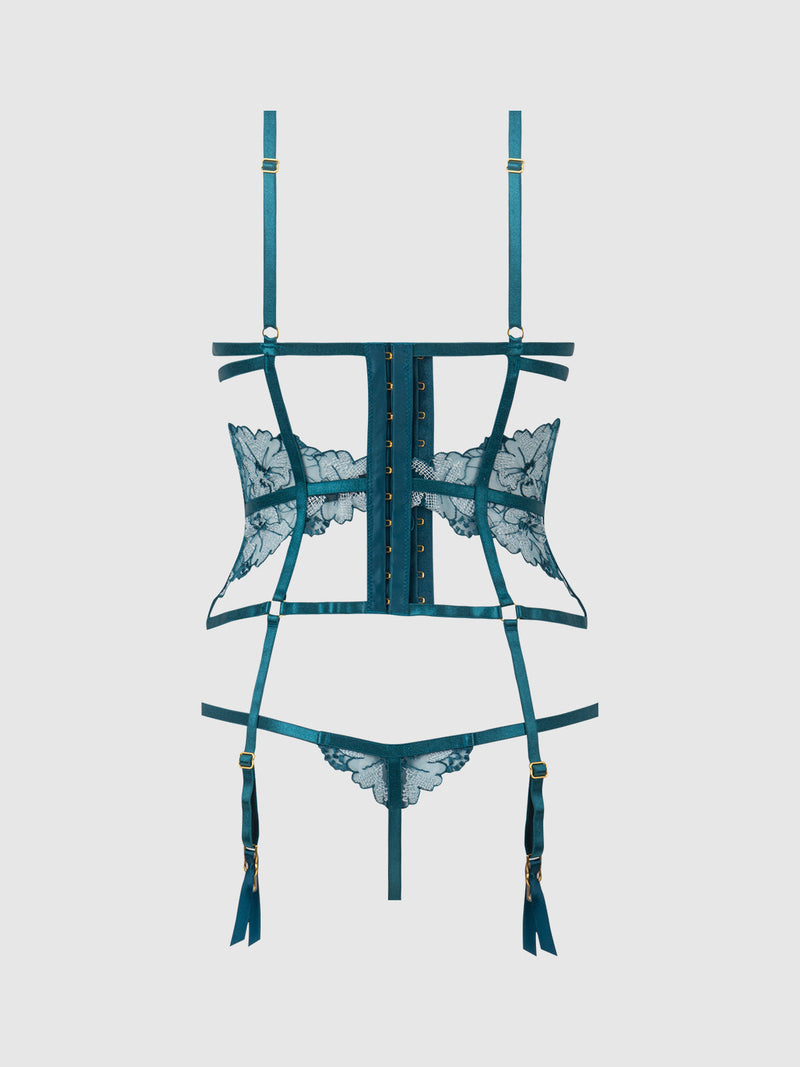 Nova Blacklight Glow Lace Corset & Thong Set Jaded Blue