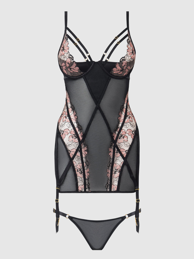 Nova Blacklight Glow Lace Chemise Set Black