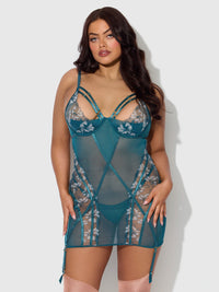 Nova Blacklight Glow Lace Chemise Set Jaded Blue