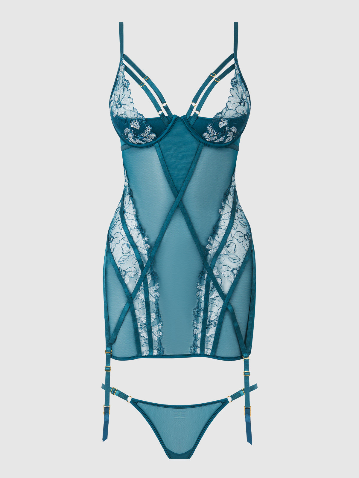 Nova Blacklight Glow Lace Chemise Set Jaded Blue