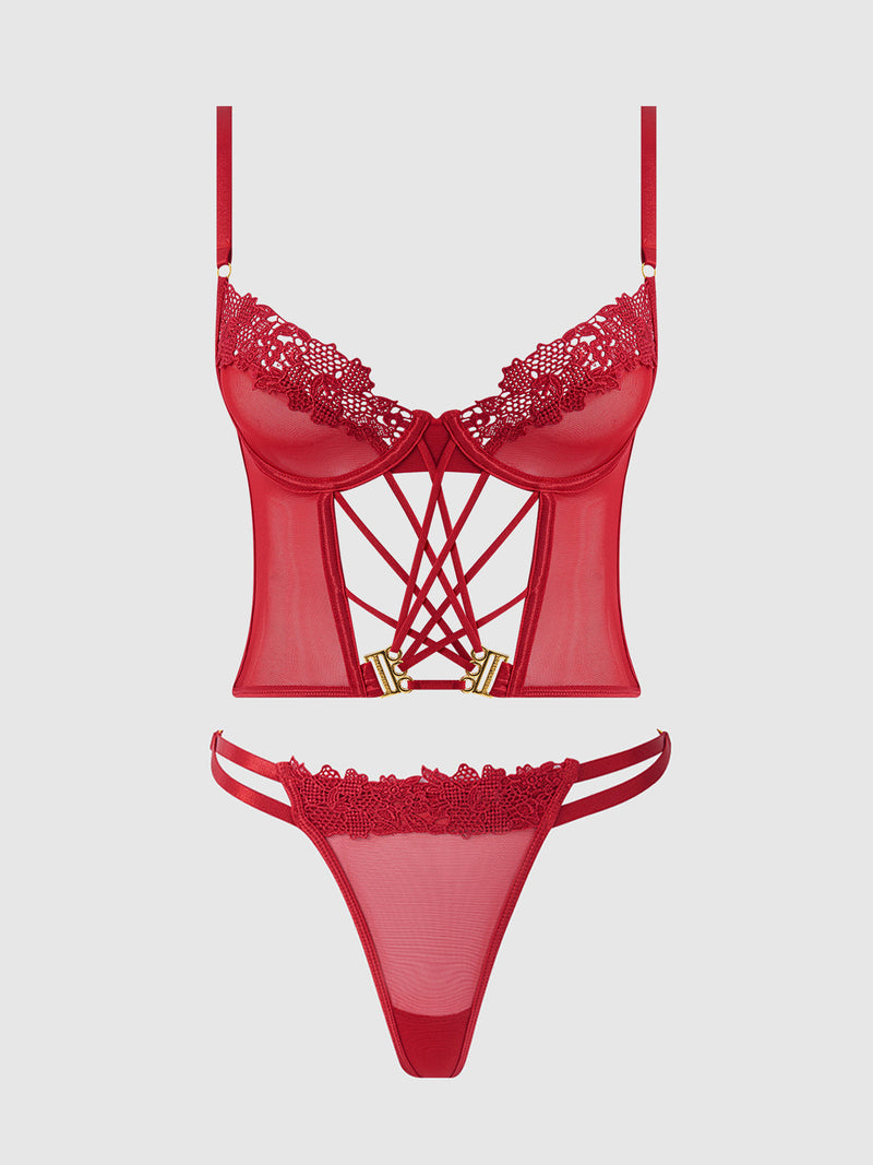 Ashley Alexiss Sheer Bustier & G-String Set Crimson Red