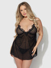 Ashley Alexiss Lace & Sheer Mesh Babydoll & G-String Set Black
