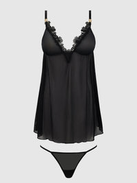 Ashley Alexiss Lace & Sheer Mesh Babydoll & G-String Set Black