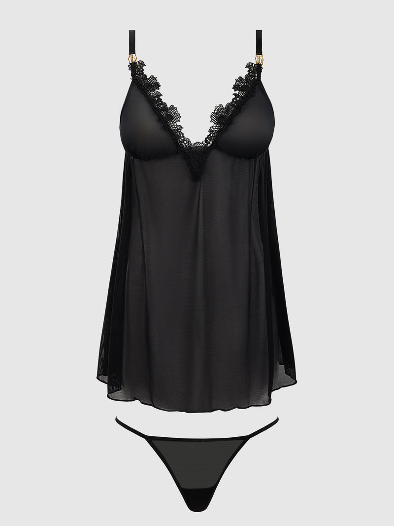 Ashley Alexiss Lace & Sheer Mesh Babydoll & G-String Set Black