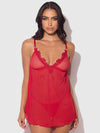 Ashley Alexiss Lace & Sheer Mesh Babydoll & G-String Set Red