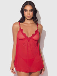 Ashley Alexiss Lace & Sheer Mesh Babydoll & G-String Set Red