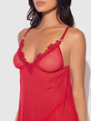 Ashley Alexiss Lace & Sheer Mesh Babydoll & G-String Set Red