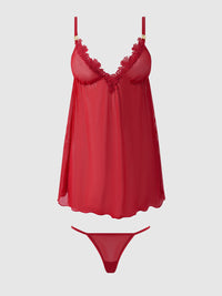 Ashley Alexiss Lace & Sheer Mesh Babydoll & G-String Set Red