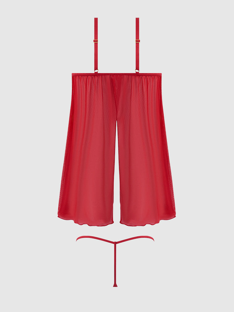 Ashley Alexiss Lace & Sheer Mesh Babydoll & G-String Set