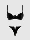 Trinity Patent Bra & Lace Up Crotchless Panty Set Black