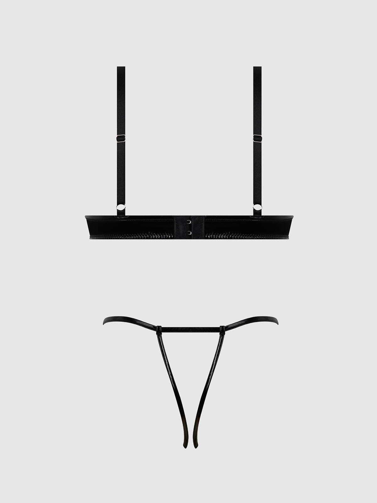 Trinity Patent Bra & Lace Up Crotchless Panty Set Black