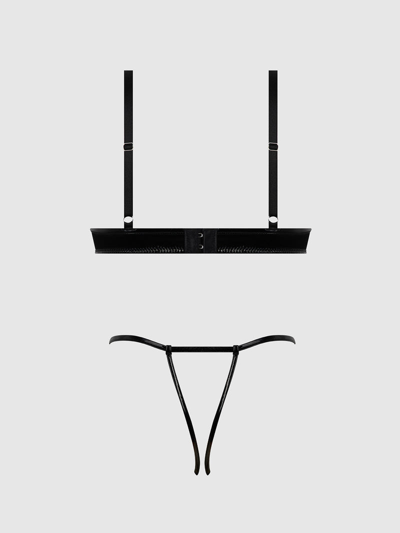 Trinity Patent Bra & Lace Up Crotchless Panty Set Black