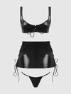 Trinity Patent Lace Up Bralette, Skirt & G-String Set Black