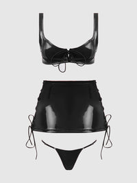 Trinity Patent Lace Up Bralette, Skirt & G-String Set Black