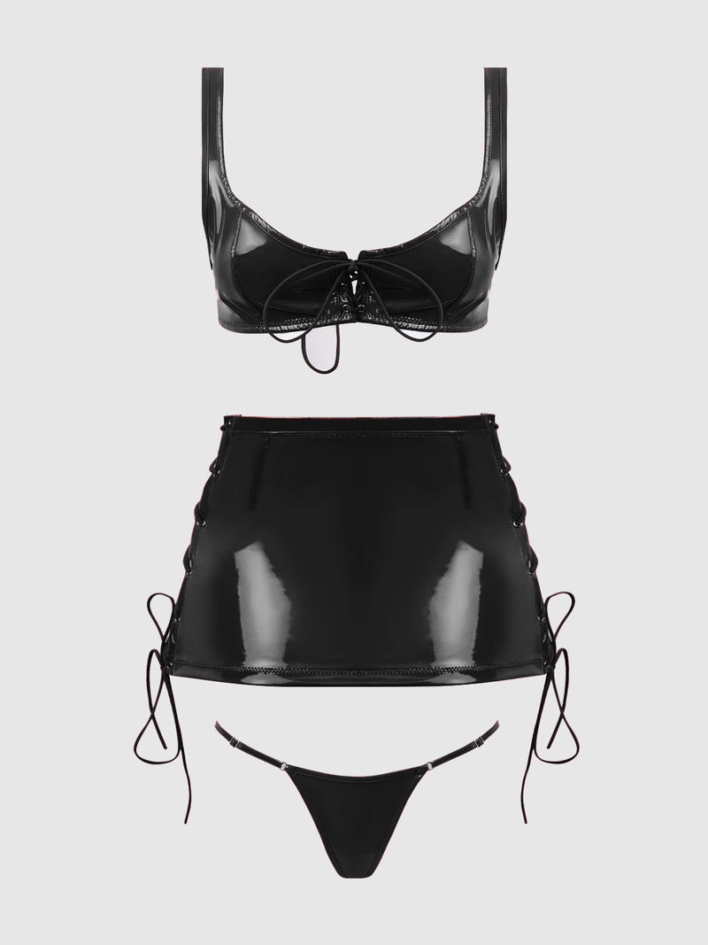 Trinity Patent Lace Up Bralette, Skirt & G-String Set Black