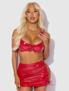 Trinity Patent Lace Up Bralette, Skirt & G-String Set Red