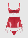 Trinity Patent Lace Up Bralette, Skirt & G-String Set Red