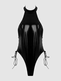 Trinity Patent Lace Up Halter Teddy Black