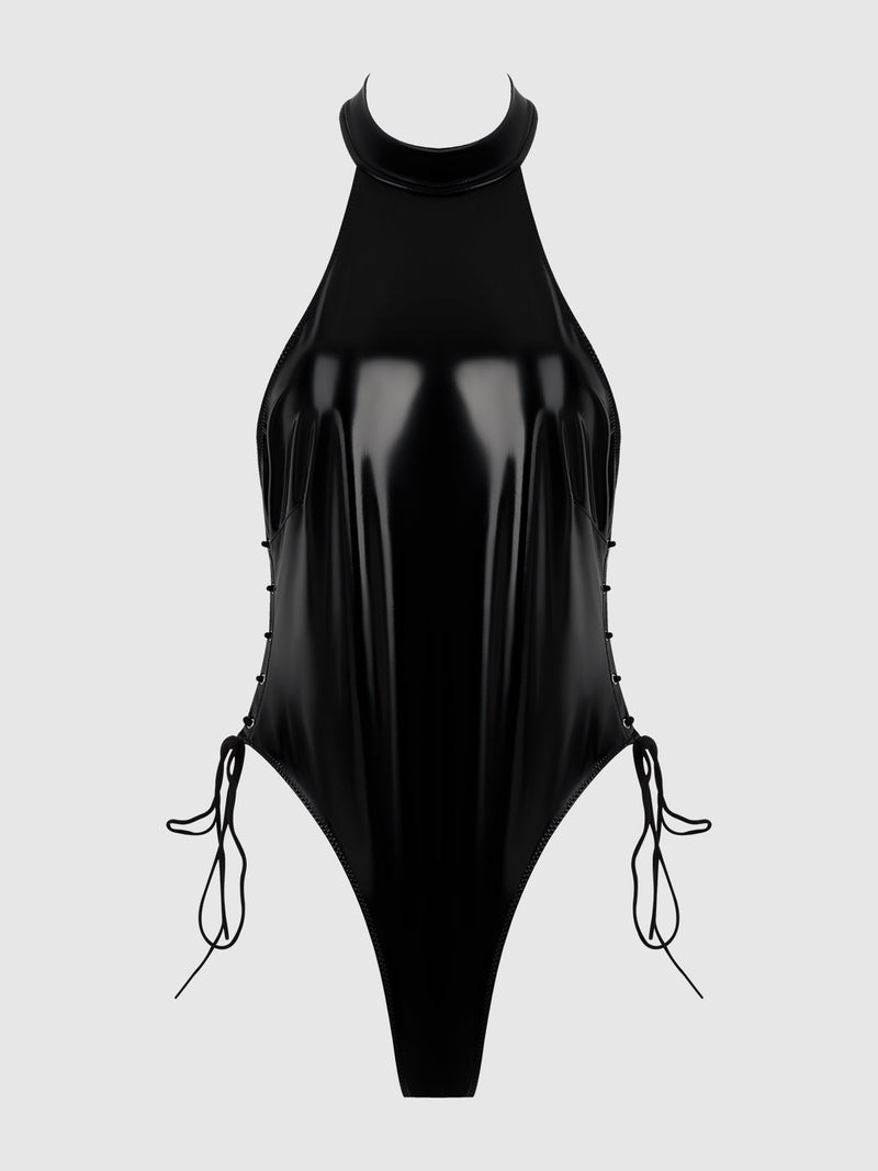 Trinity Patent Lace Up Halter Teddy Black