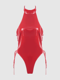 Trinity Patent Lace Up Halter Teddy Red