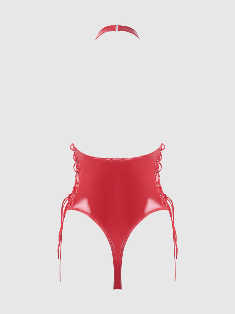 Trinity Patent Lace Up Halter Teddy Red
