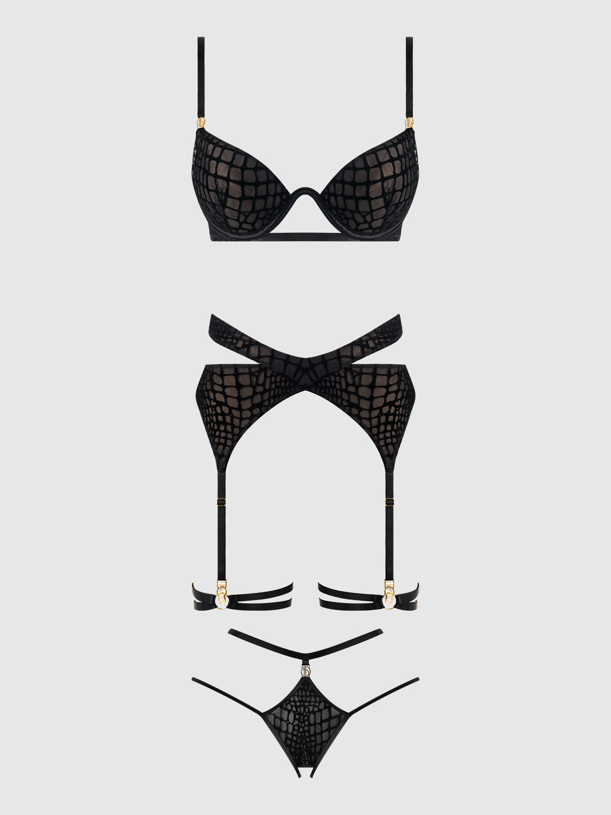 Snake Velvet Burnout Mesh Bra Set Black