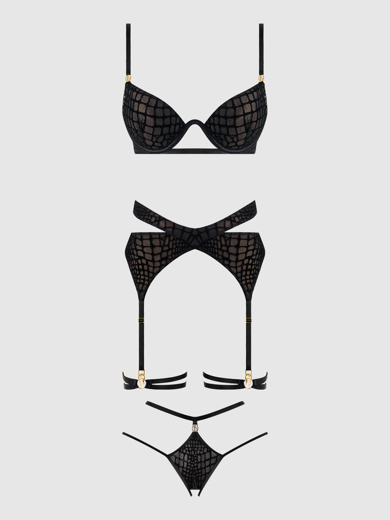 Snake Velvet Burnout Mesh Bra Set Black