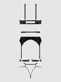 Snake Velvet Burnout Mesh Bra Set Black