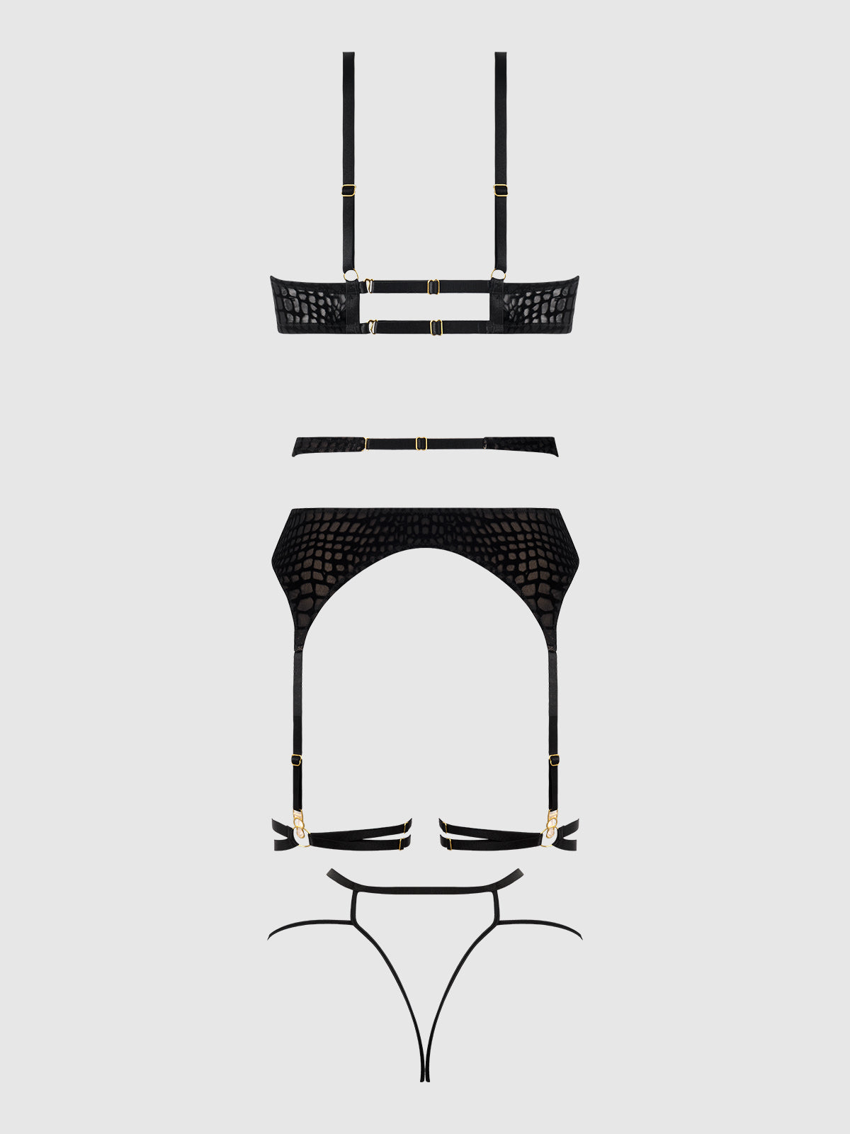 Snake Velvet Burnout Mesh Bra Set Black