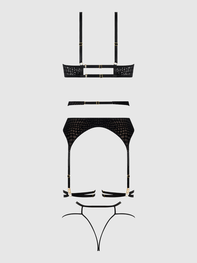 Snake Velvet Burnout Mesh Bra Set Black