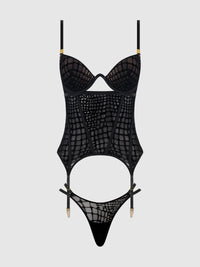 Snake Velvet Burnout Mesh Bustier Set Black