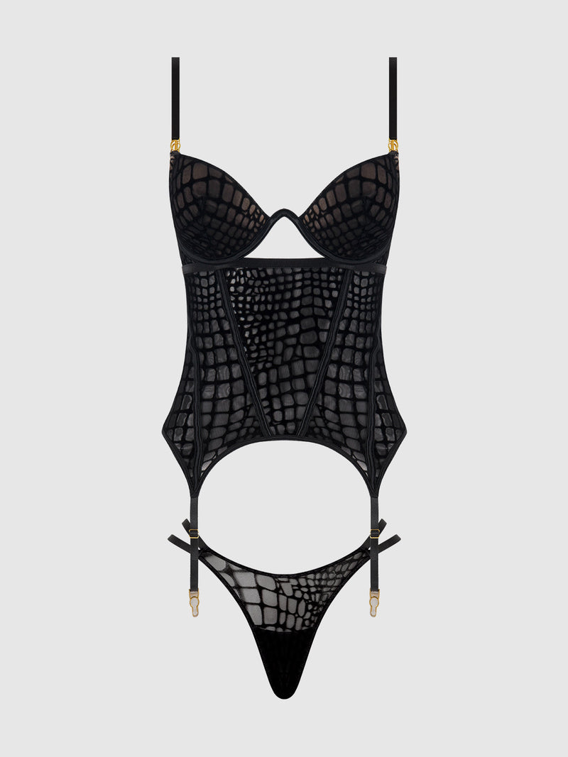 Snake Velvet Burnout Mesh Bustier Set Black