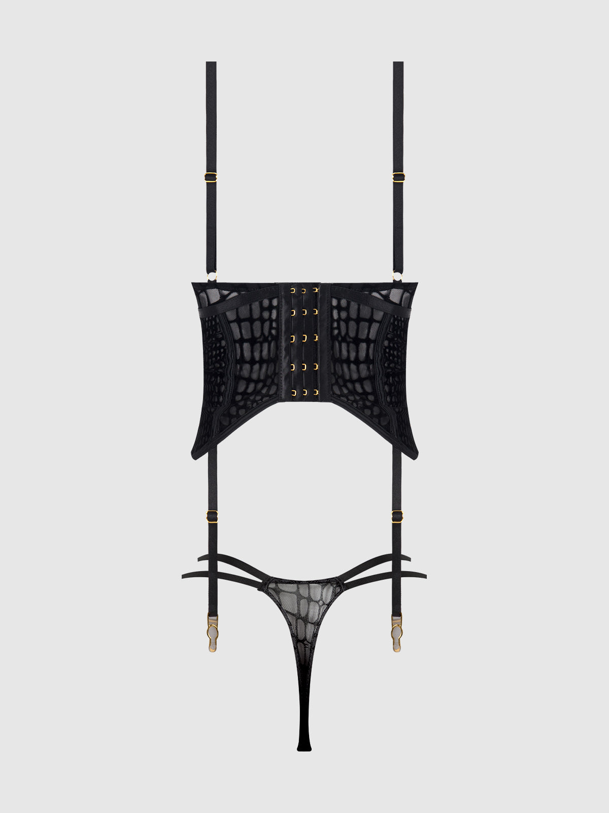Snake Velvet Burnout Mesh Bustier Set Black