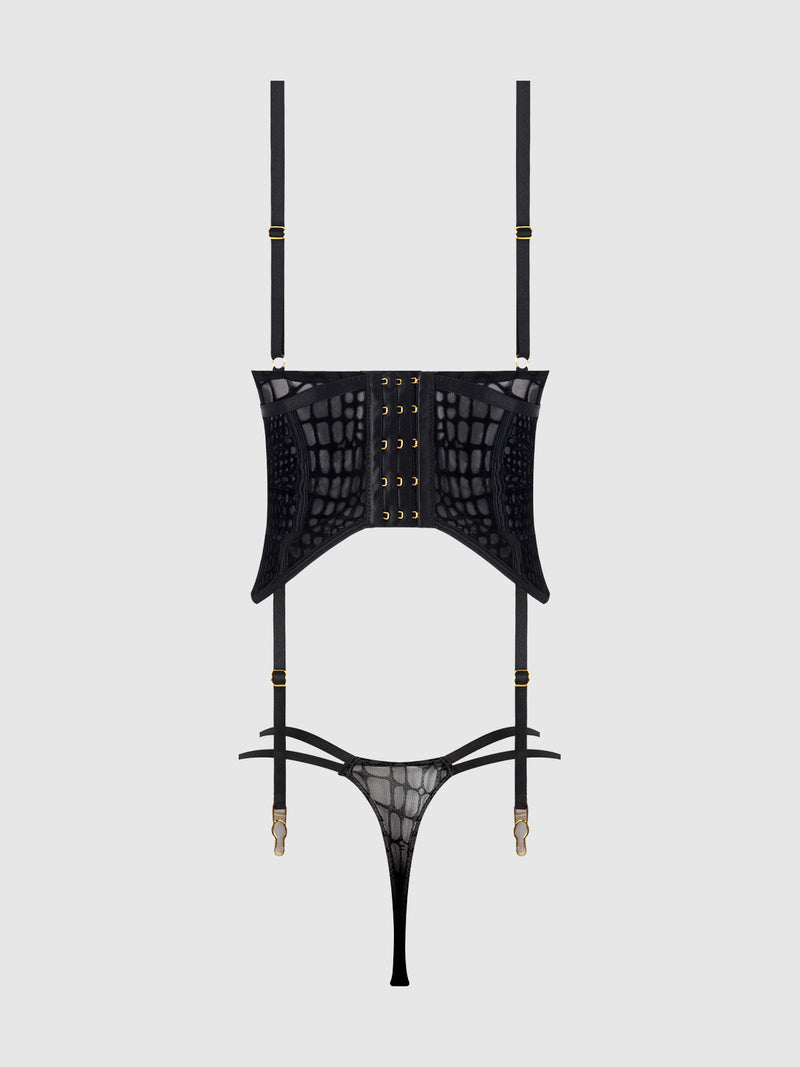 Snake Velvet Burnout Mesh Bustier Set Black